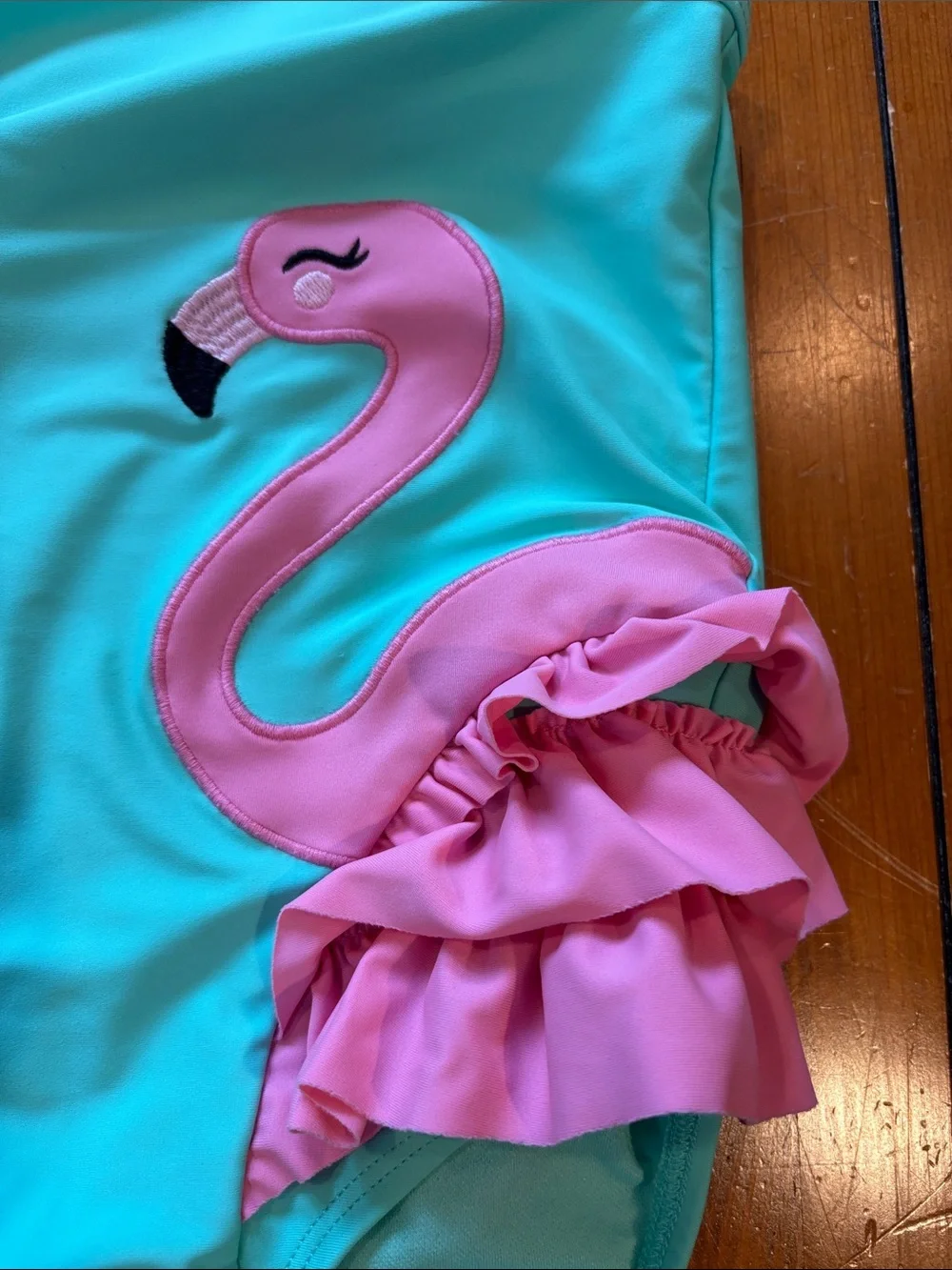 Gymboree Turquoise and Pink Flamingo Ruffle One-Piece Swimsuit Size 7